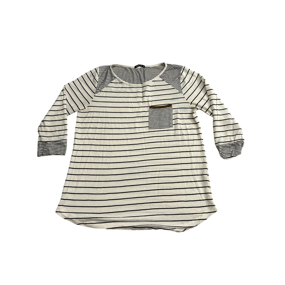 Vintage Pink Clover Striped Top Women XL White Black Excellent 3/4 Sleeve Pocket